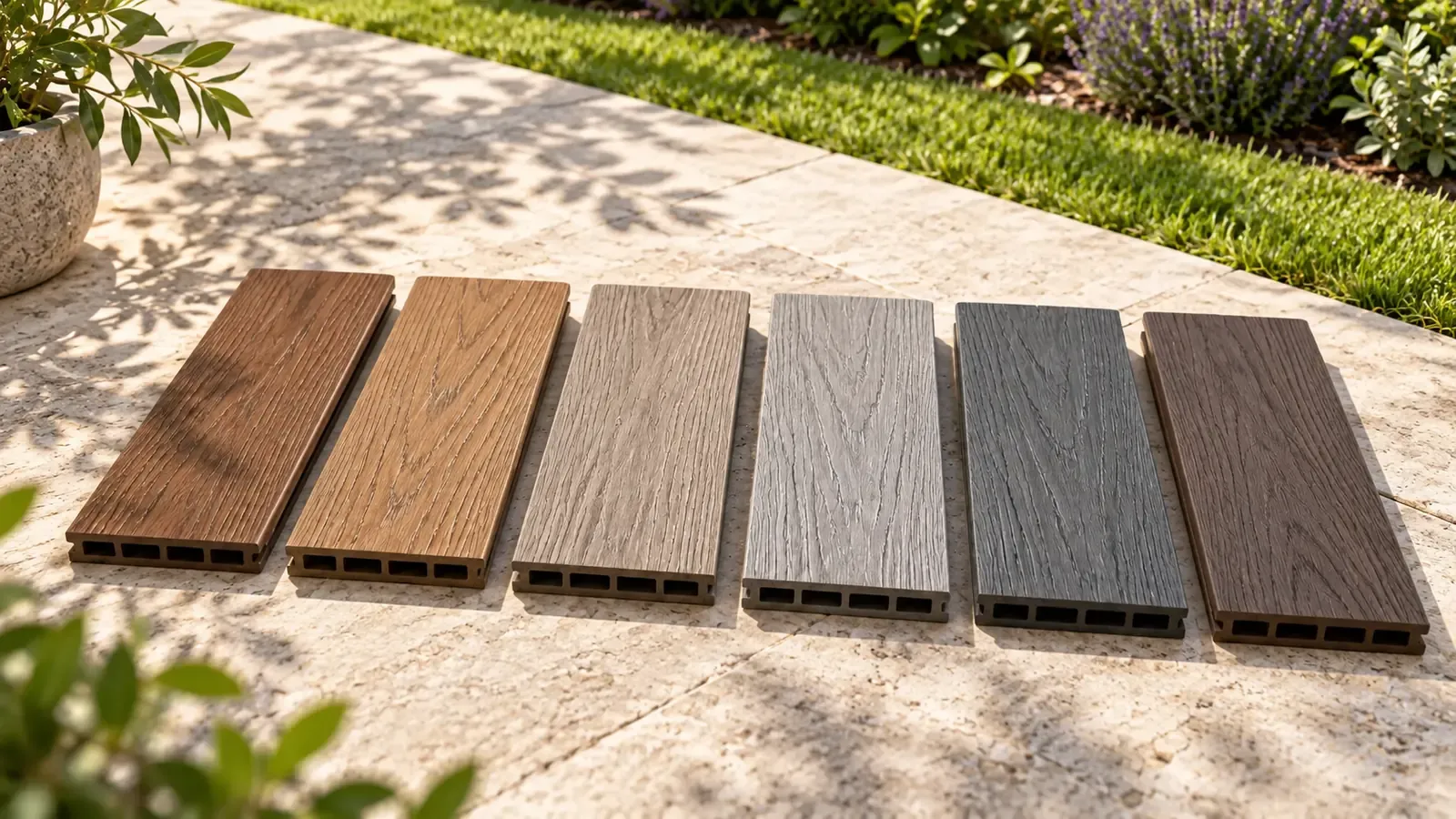 Muestras de color de tarima de material compuesto dispuestas con luz natural exterior