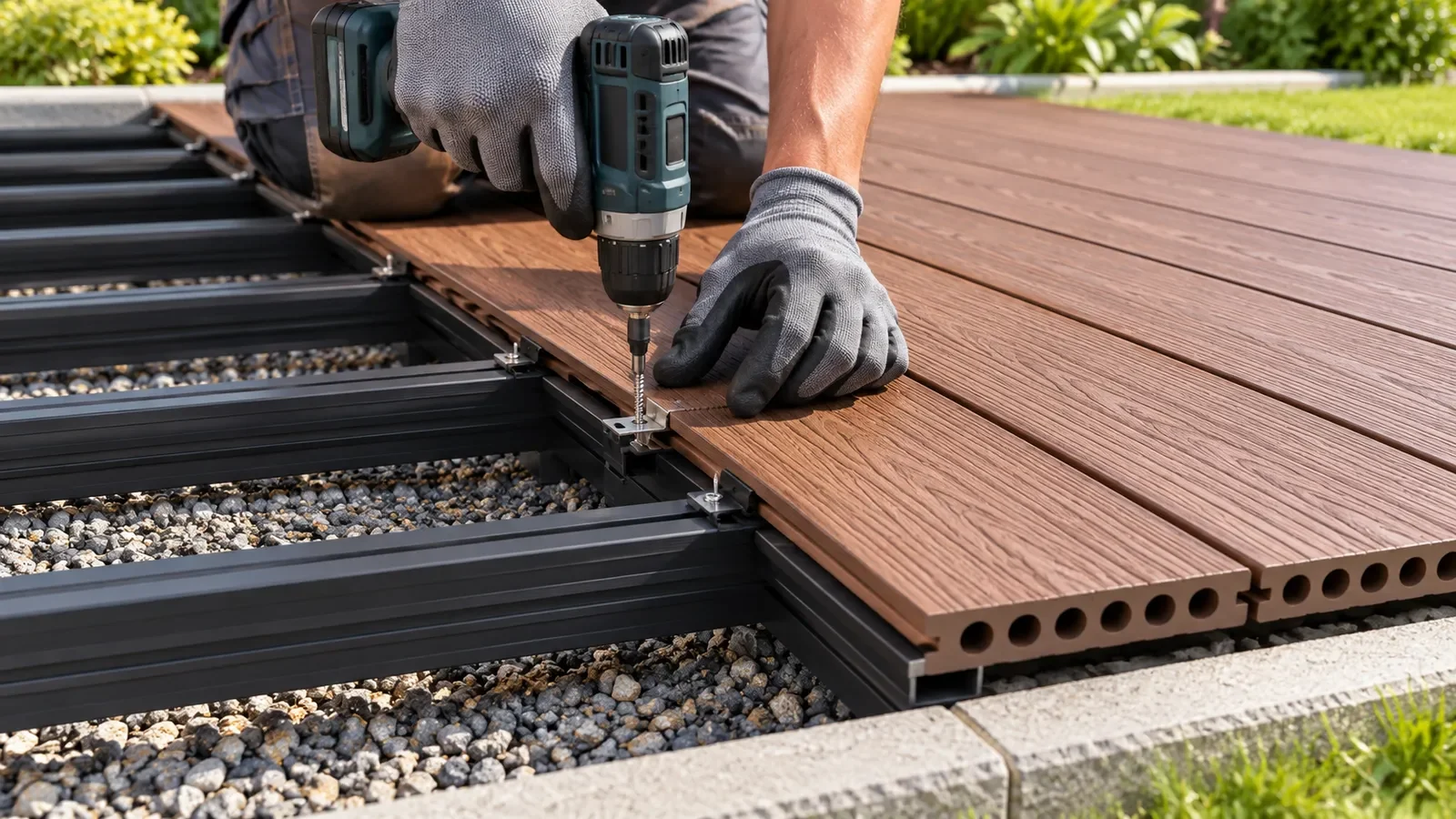 Installer fixing composite deck boards with hidden clips