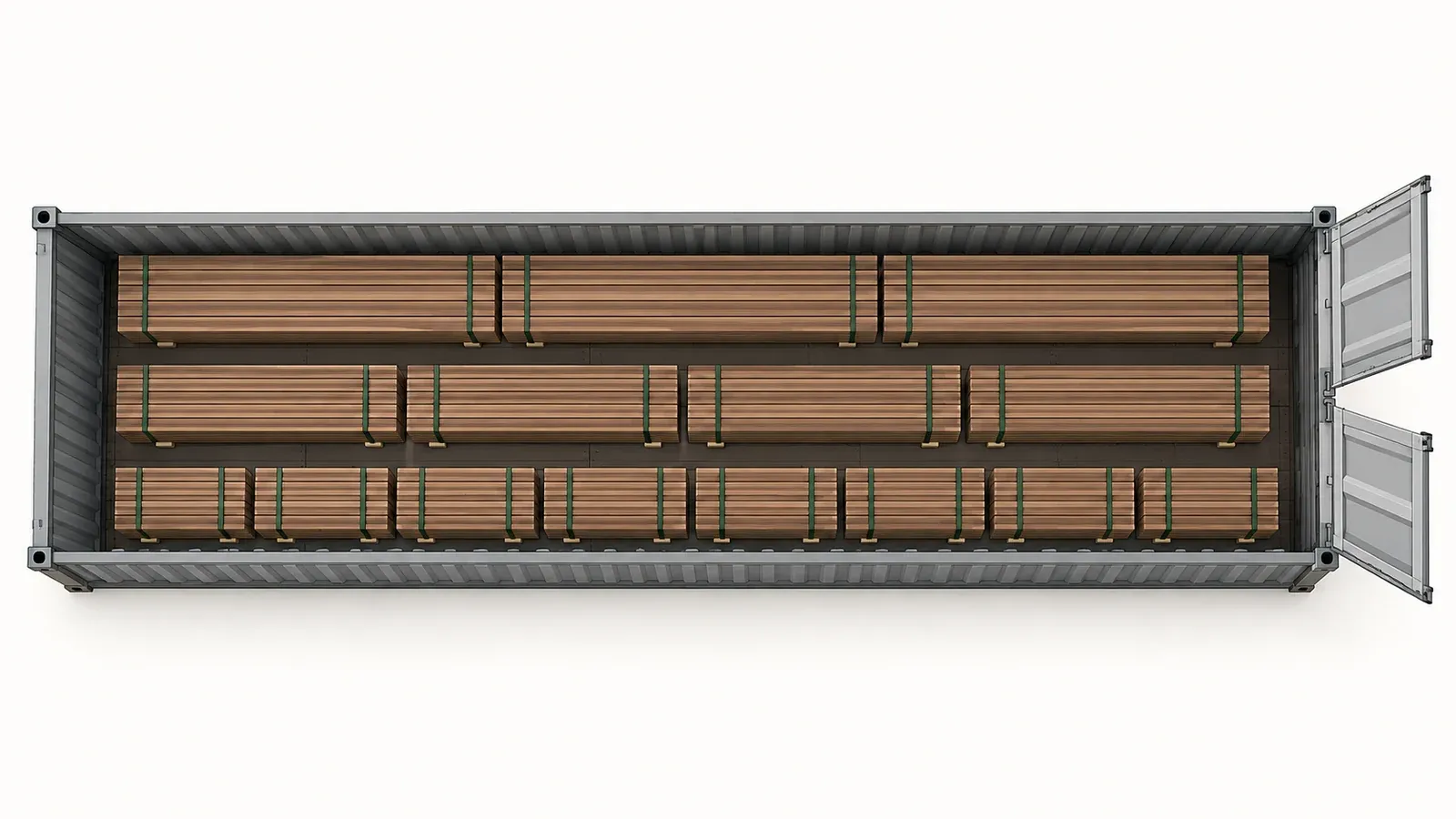 Diagram of composite board lengths arranged inside a 40HQ container