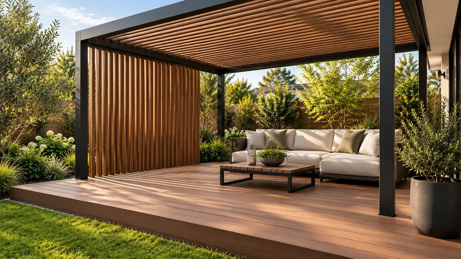 Tarima composite con pérgola y pantalla de privacidad de lamas