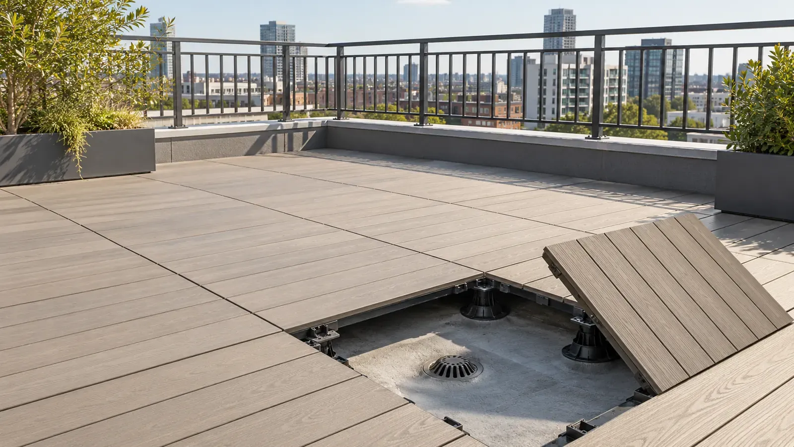 Baldosas de tarima composite en una terraza de azotea