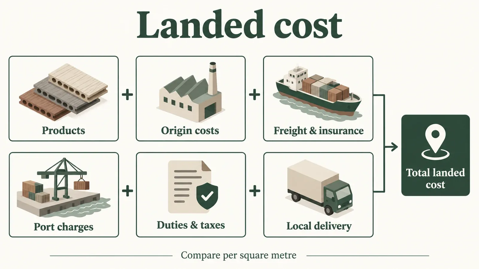Landed cost breakdown chart for a container of composite decking