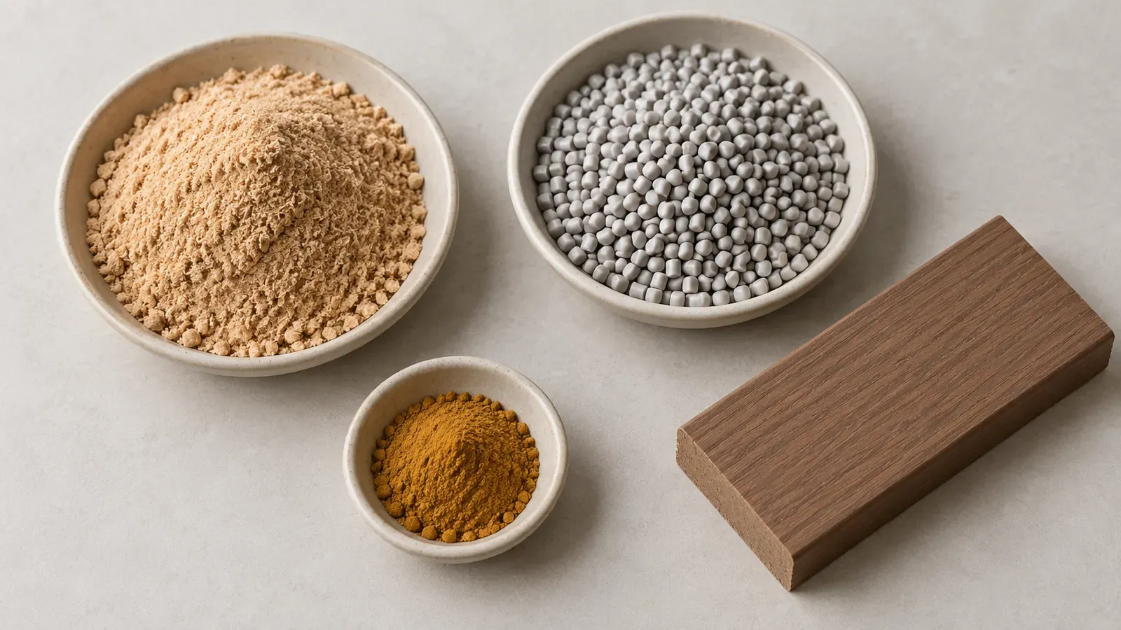 Materias primas del WPC: harina de madera, gránulos de plástico, pigmento y tabla terminada