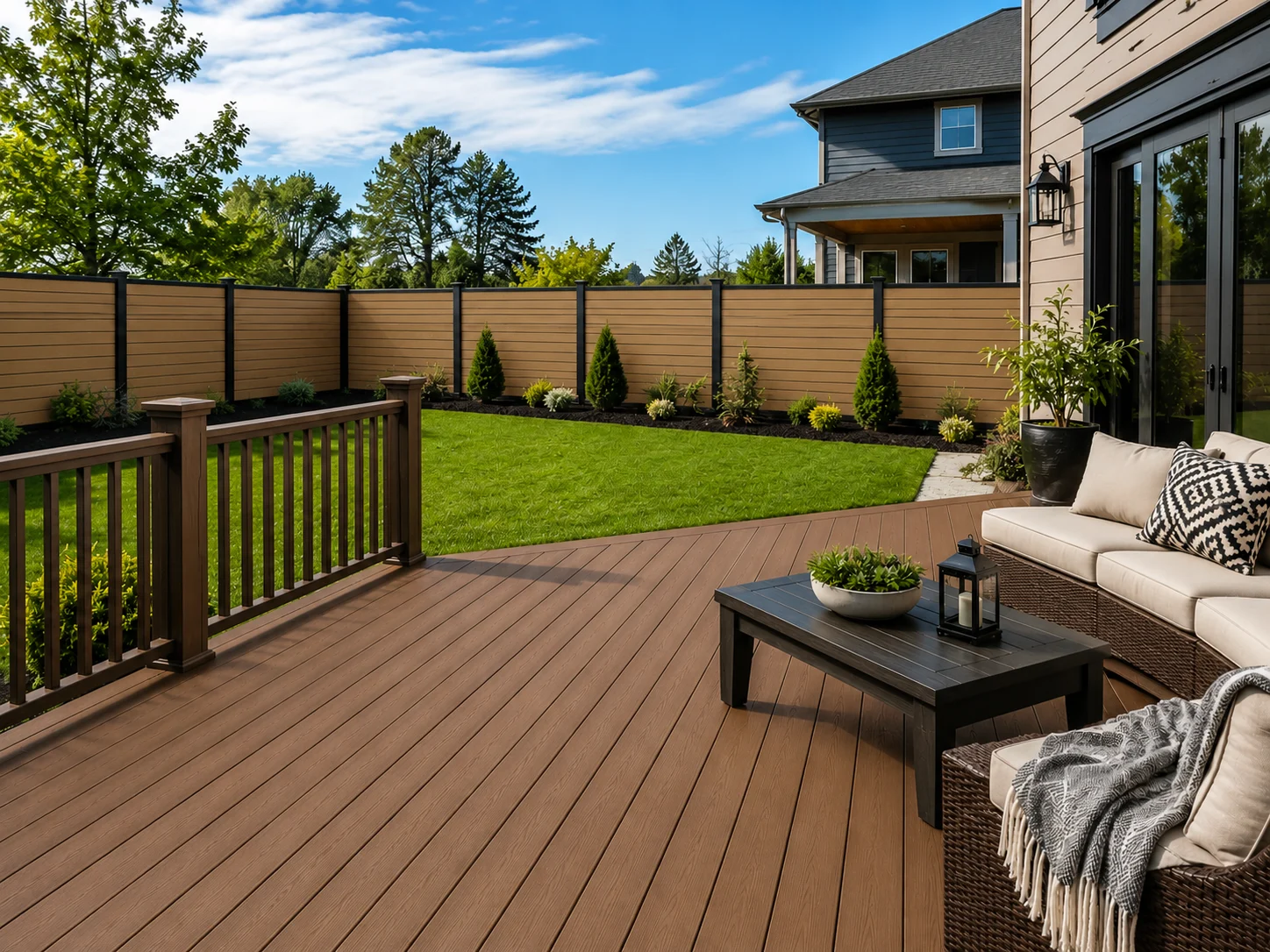 Composite decking and fencing in a modern backyard