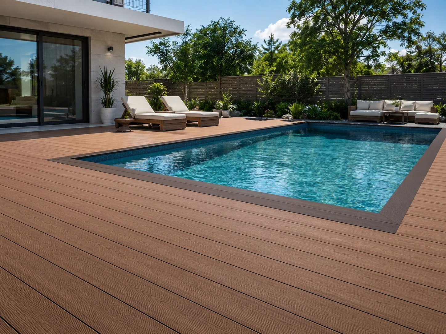 Composite decking around a swimming pool