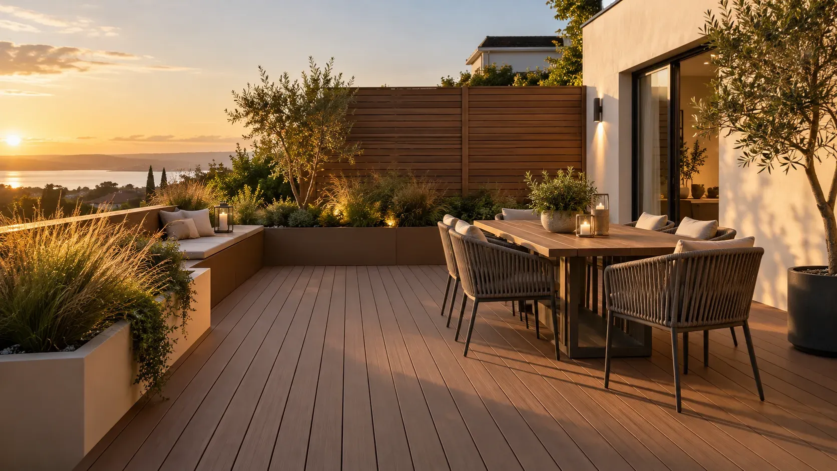 Tarima composite decorada con muebles de exterior e iluminación al anochecer