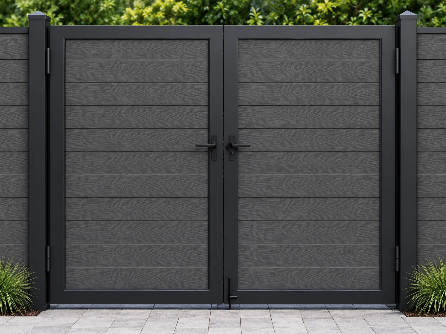 Puerta de dos hojas con paneles grises de veta de madera y marcos oscuros, en una vista centrada en la entrada del jardín