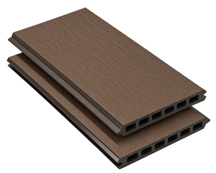 Tablas completas de vallado de composite ST160Q19 en chocolate, acabado cepillado, con el perfil visible