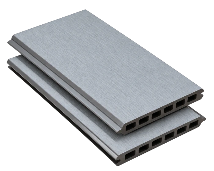 Tablas completas de vallado de composite ST160Q19 en gris claro, acabado cepillado, con el perfil visible