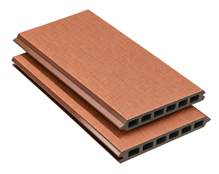 Tablas completas de vallado de composite ST160Q19 en madera roja, acabado cepillado, con el perfil visible