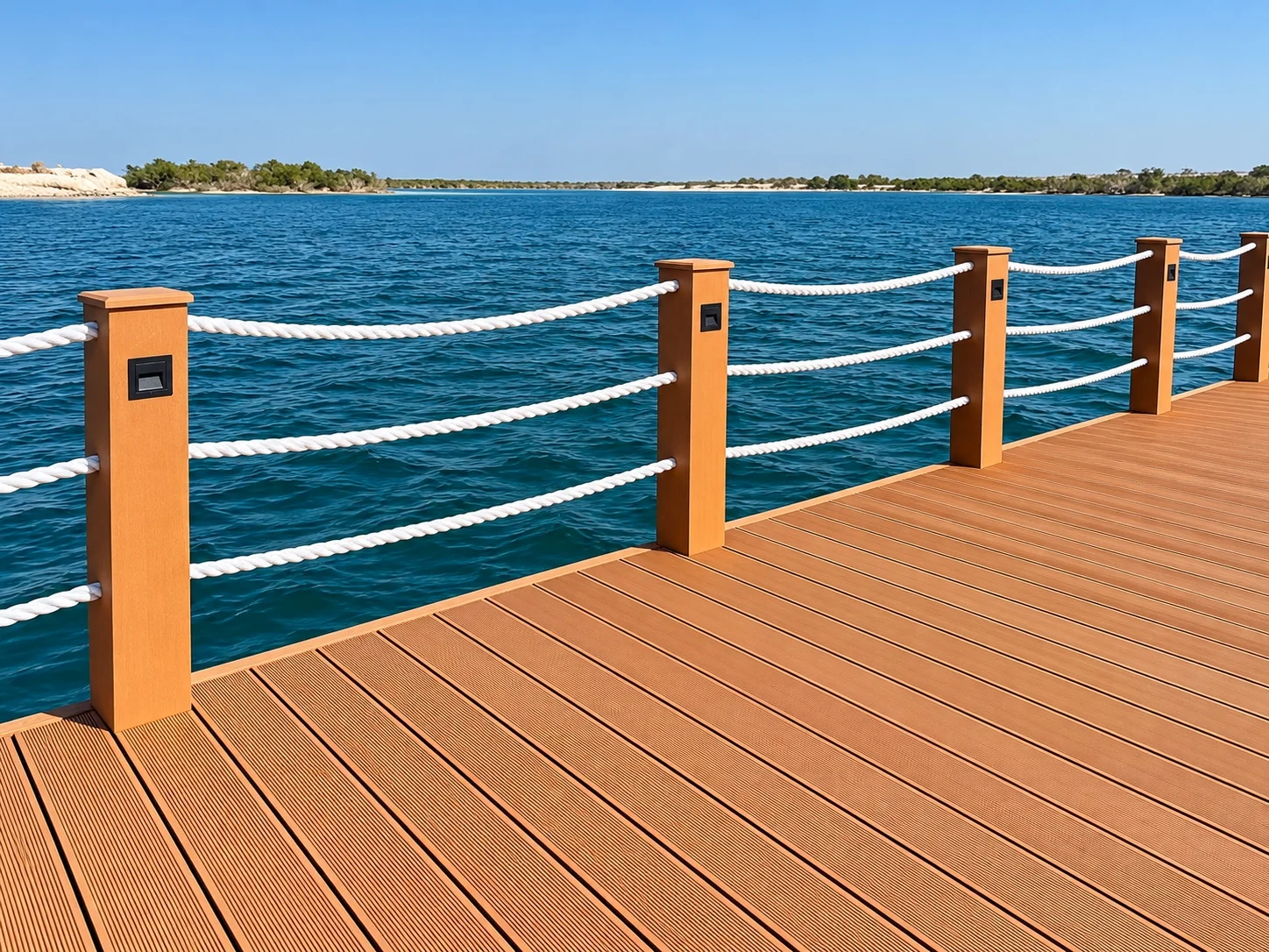 Essential Series composite decking on a waterfront platform with white rope railings