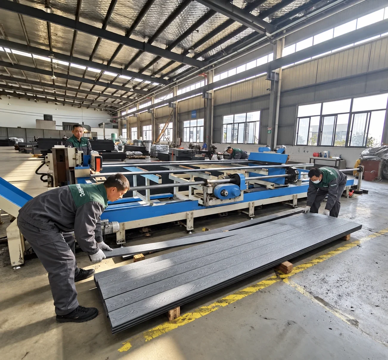 Workers handling WPC boards beside the cutting line