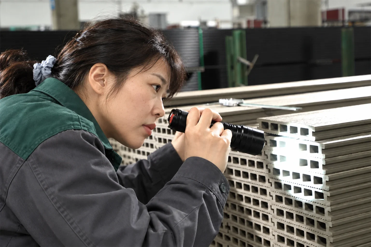 A quality-control worker inspecting hollow WPC profiles with a flashlight