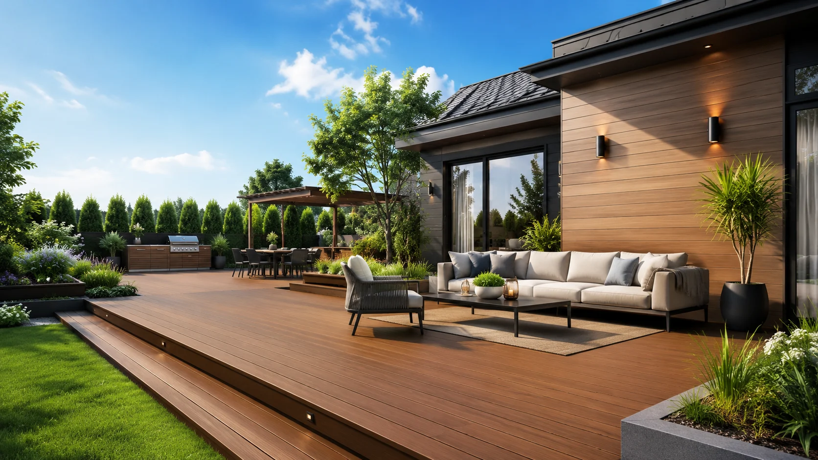 Modern home with composite decking and WPC exterior cladding