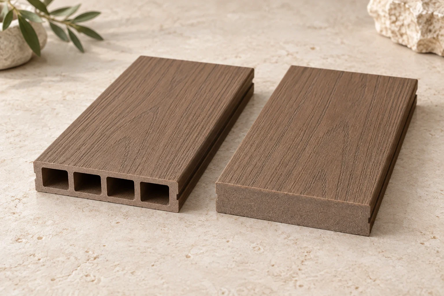 Cut ends of hollow and solid composite deck boards side by side