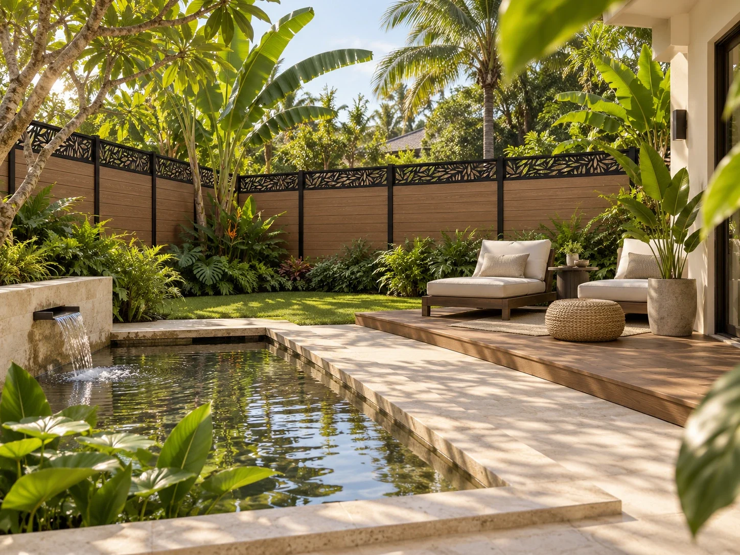 Vallado de composite en un cálido tono teca con remates decorativos con motivos de hojas que delimita un patio de jardín tropical