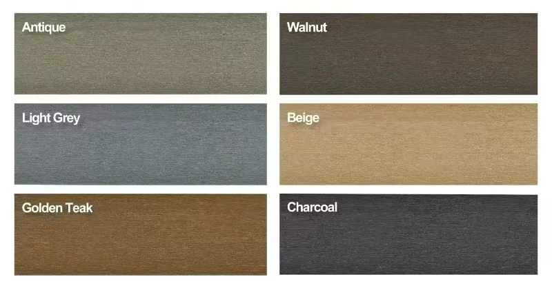 Six Sungem WPC louver finishes: Antique, Walnut, Light Grey, Beige, Golden Teak and Charcoal