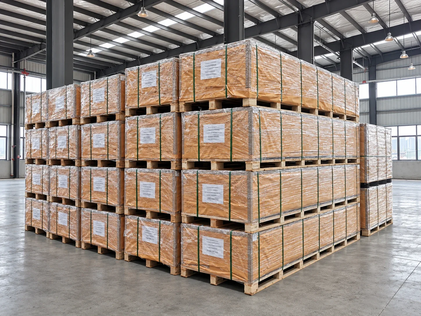 Warehouse of packed composite decking pallets ready for shipment