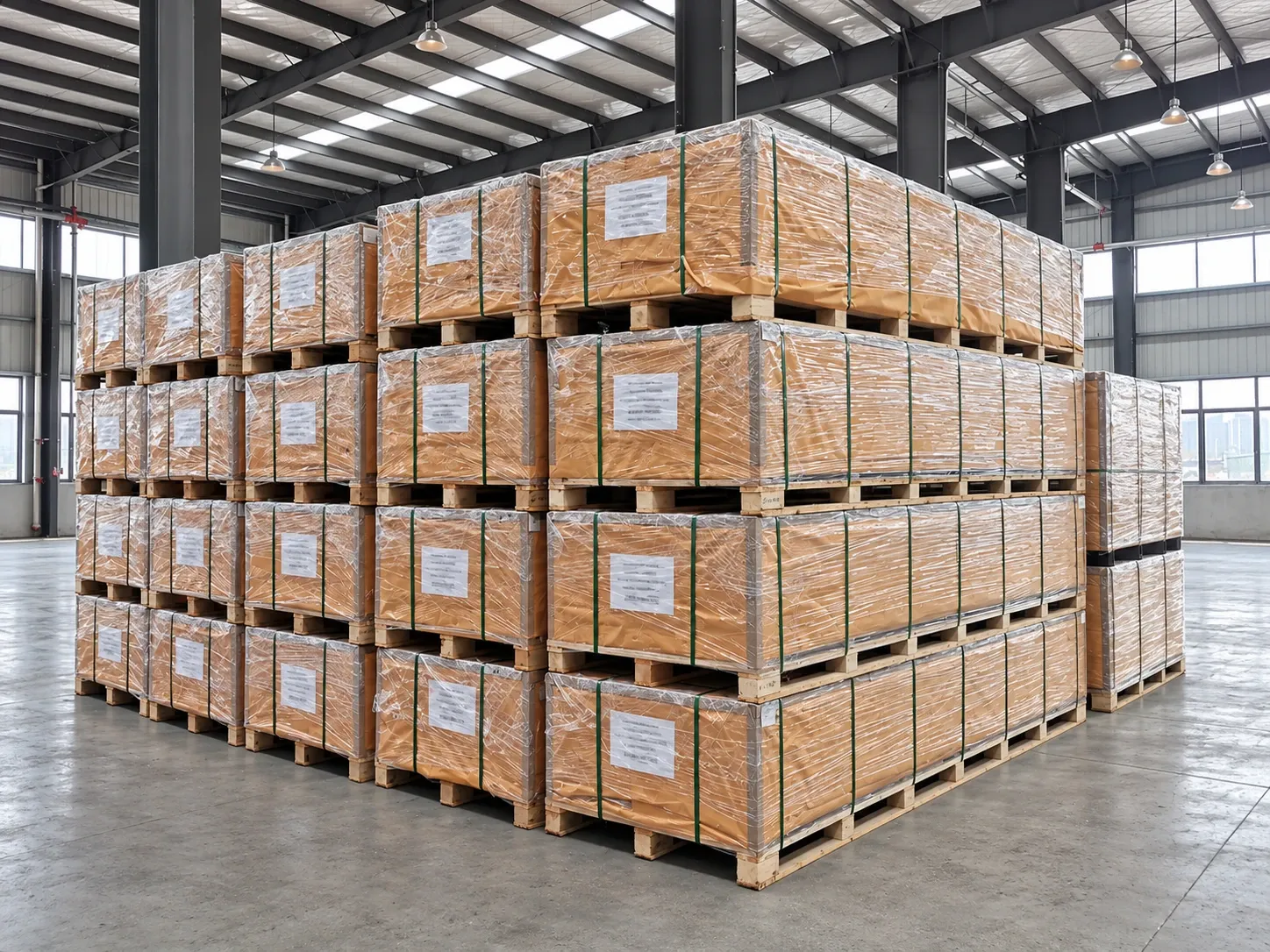 Wrapped composite decking pallets with straps and corner protection