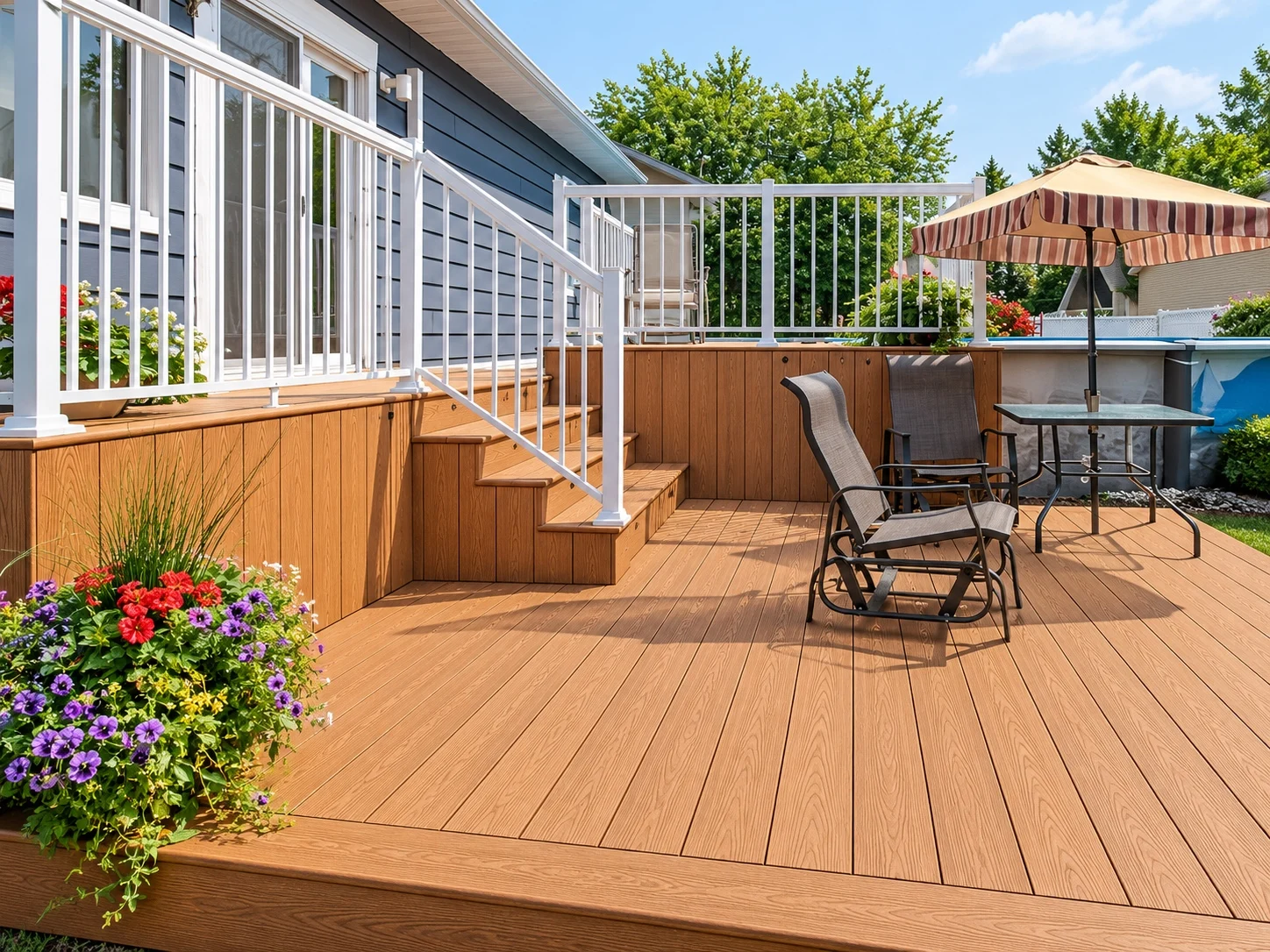 Natural Series composite decking on a backyard patio beside a home