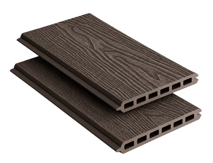 Tablas completas de vallado de composite ST162Q20 en chocolate, veta de madera en relieve, con el perfil visible