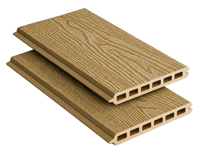 Tablas completas de vallado de composite ST162Q20 en arce, veta de madera en relieve, con el perfil visible