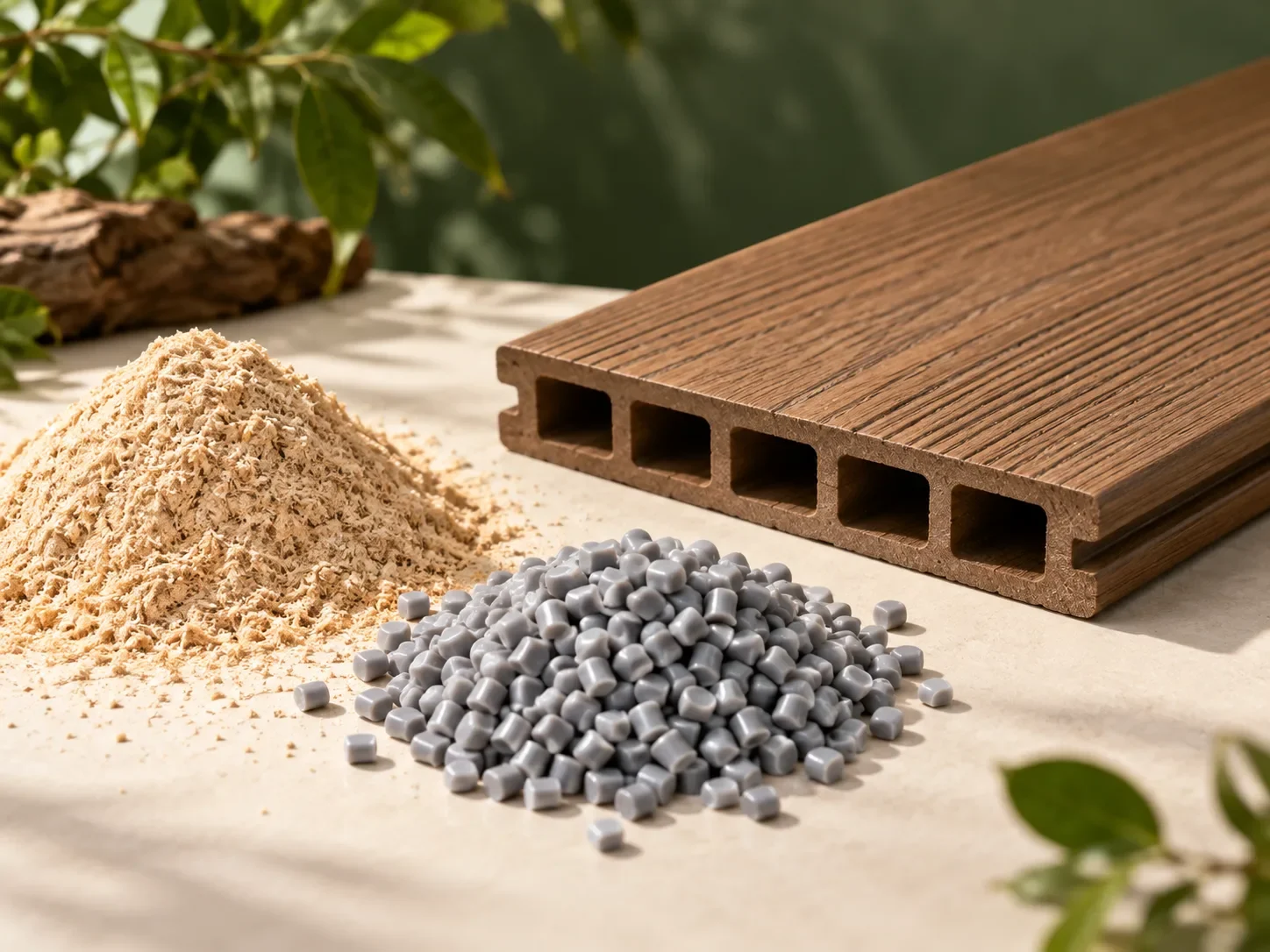 Materias primas de fibra de madera y polímero dispuestas junto a una tabla de composite