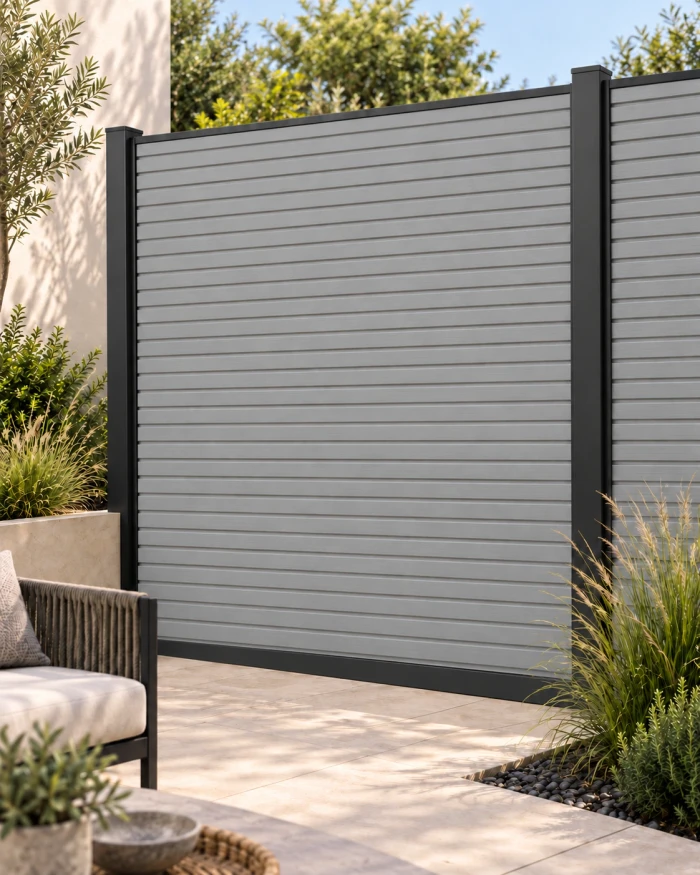 Vallado de composite Shield en gris claro en una escena de diseño exterior