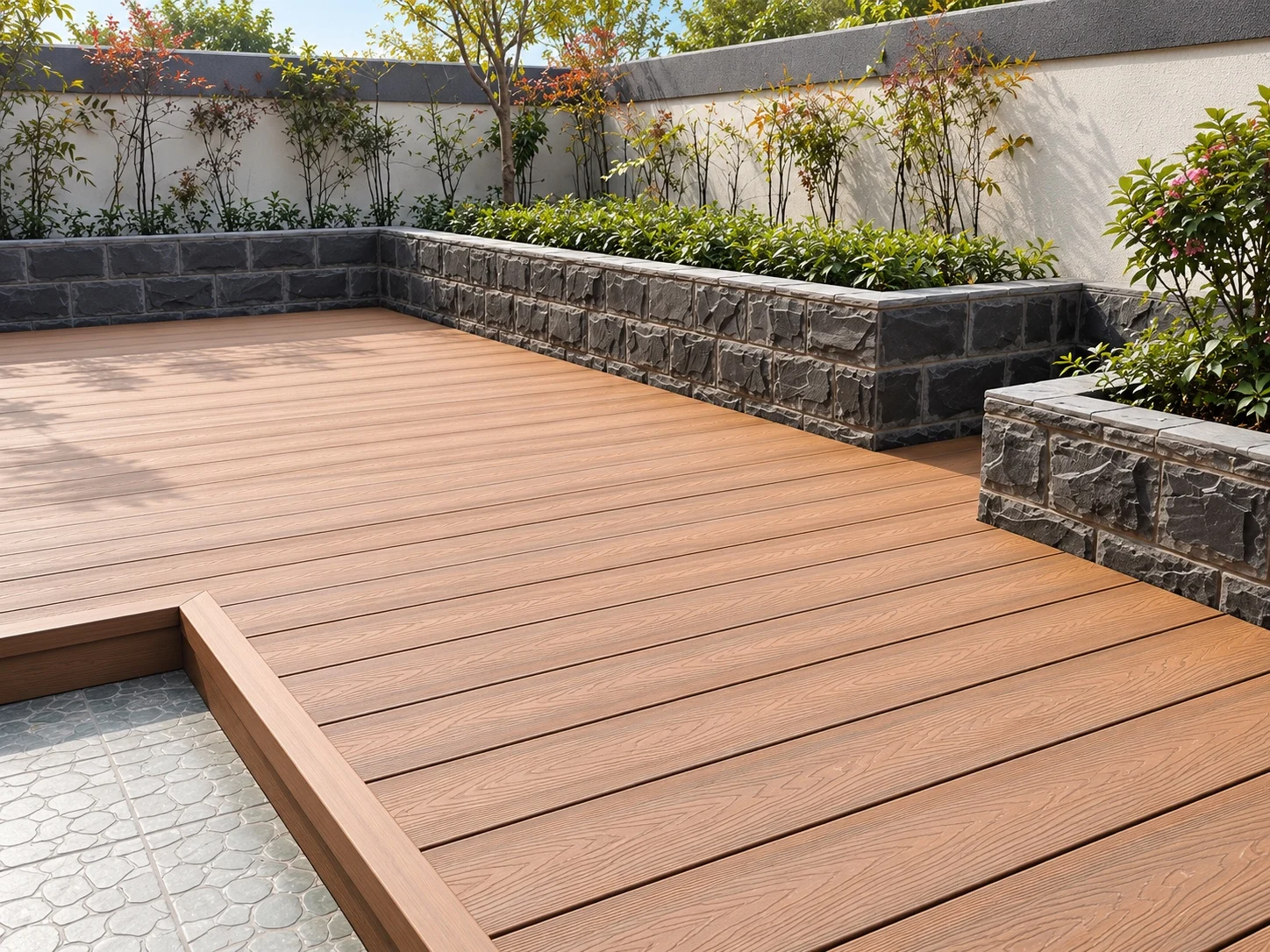 Finished composite deck in a residential garden