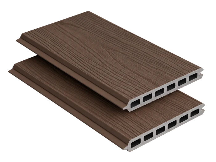 Tablas completas de vallado de composite SG160Q20-A en nogal, veta de madera en superficie plana, con el perfil visible
