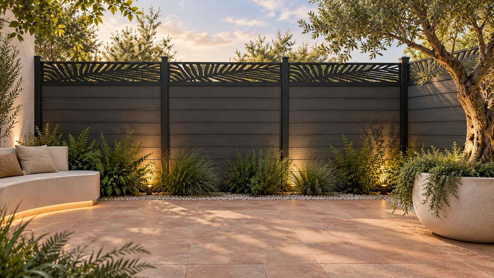 Vallado horizontal antracita con celosías superiores de motivos de hojas en un patio de terracota cálida
