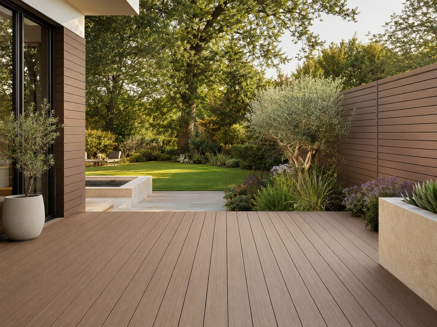 Durable composite decking in a landscaped outdoor setting